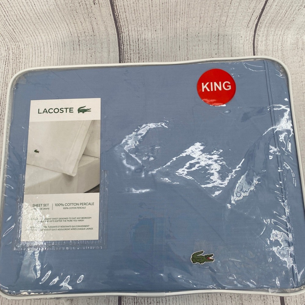 Lacoste Sheet Set King Allure Blue Cotton Percale Solid Logo Bedding Preppy
